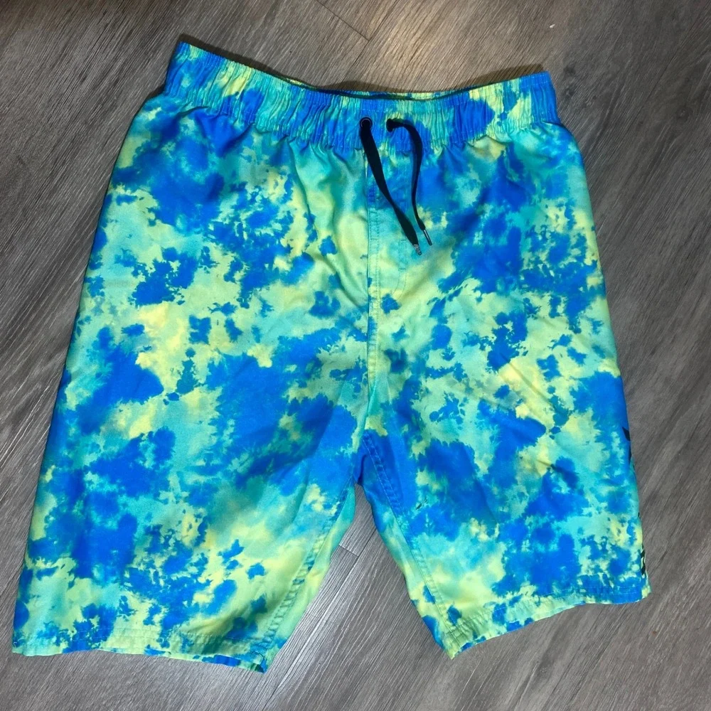 Hurley Mens XL Tie Dye Swim Trunks Blue Lime Green‎ Board Shorts Mesh Lined 0097